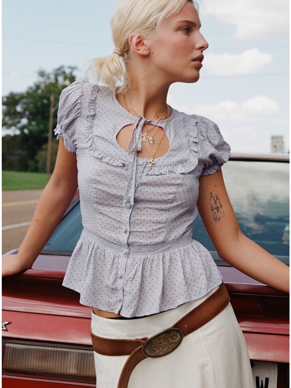 Light Lavender Blue Dot Ruffle Tie-Neck Peplum Top